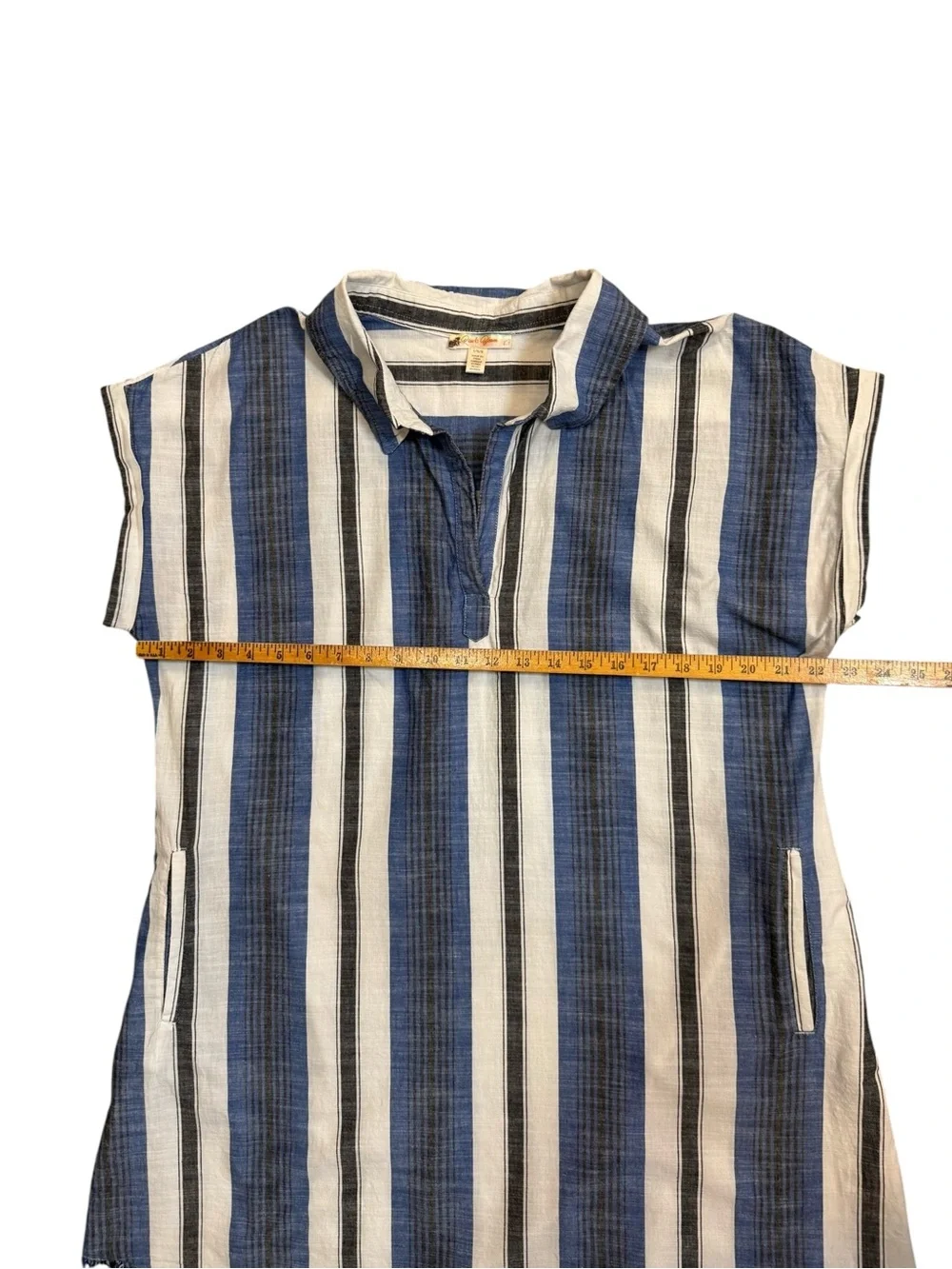 Rise & Bloom Striped Shirt Dress Blue White Fringe Hem Size L